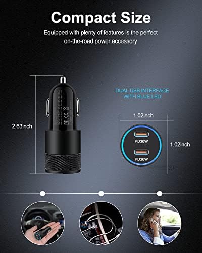 Зарядно за кола USB C мощност 60 W, 2, Адаптер за Запалката на AILKIN USB C, Бързо Зареждане, Двоен конектор за зарядно устройство PD3.0 Type C е Съвместим с iPhone 14 13 12 11 Pro Max Mini XR Galaxy S22