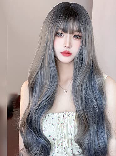 osseoca сиво-син градиент Дълга къдрава синтетични косми Лолита Японски cosplay парти натурални женски перуки с