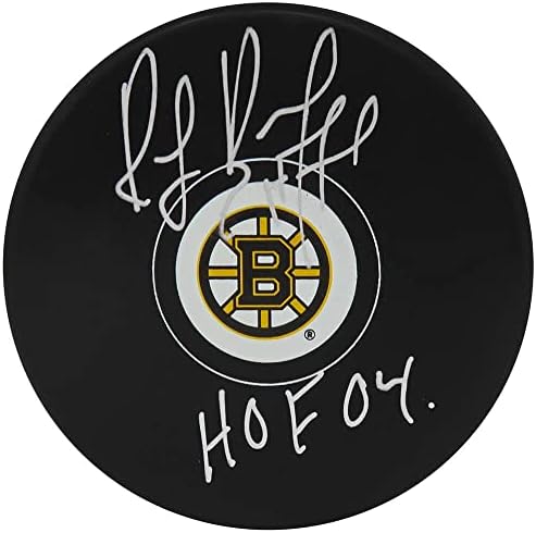 Рей Бърк подписа Хокей шайба с логото на Бостън Бруинс w/HOF'04 - за Миене на НХЛ с автограф