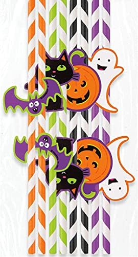 Хартиени Сламки в Лента с изображение на Котка и Тиква за Хелоуин | Различни рисунки | 8 бр