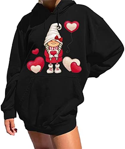 Сладки дълги блузи за жени Валентин oversize пуловер Качулки джуджета изображение на сърцето drawstring с дълъг