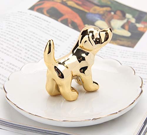Луксозен порцелан титуляр за пръстени с чаровна куче, керамичен поднос за да накити, чиния за гривни, десертно блюдо