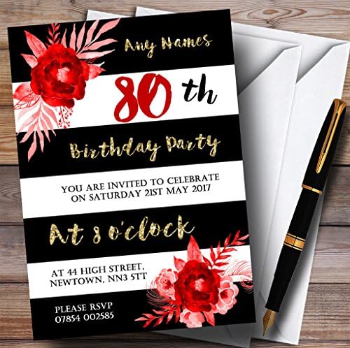 Черно-Бели Райета Златисто-Червени Цветя на Персонални Покани на Парти в чест на 80-годишнината