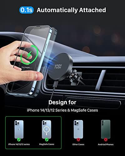 Зарядно за кола YOSH MagSafe за iPhone 14, 13 и 12 серии с мощен магнетизъм на въртене на 360 ° надеждно предпазва