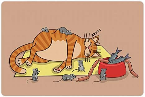 Подложка за котки и Мишки Ambesonne за храна и вода, Цветна Мультяшное изображение на Голяма Мързелив Животно и