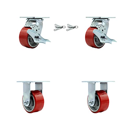 Комплект колелце с завъртане на горната плоча от полиуретан на сив чугун с 4 червени колела 4 x 2 - Включва в себе