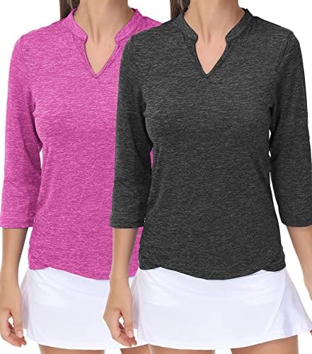 TrendiMax Женски 2 Опаковане на Ризи с къси ръкави за Голф С 3/4 ръкав и V-образно деколте UPF50 + бързо съхнещи