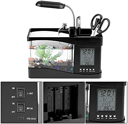 GHGHF USB Настолен Мини Аквариум за аквариумни риби с led подсветка LCD дисплей, Часовник, Украса за аквариума (Цвят: